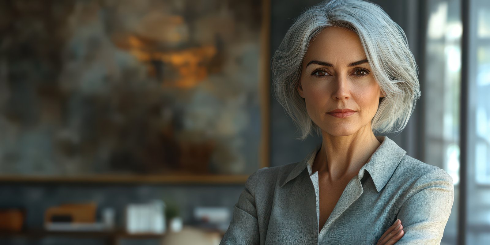 Confident woman with silver hair stands in an elegant living room with art on the walls and natural light streaming in